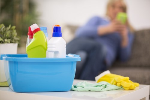 Cleaning specialist dusting and polishing surfaces in a home